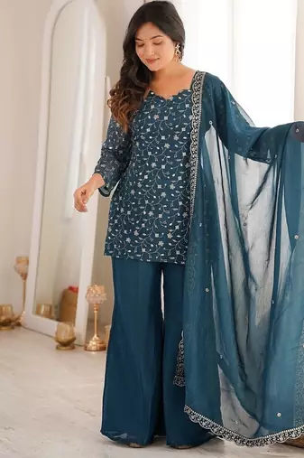 Teal blue embroidered short kurti sharara suit set with dupatta