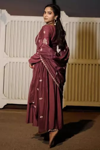 light wine silk blend kurta set with embroidered work