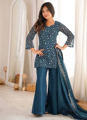 Teal blue embroidered short kurti sharara suit set with dupatta 4
