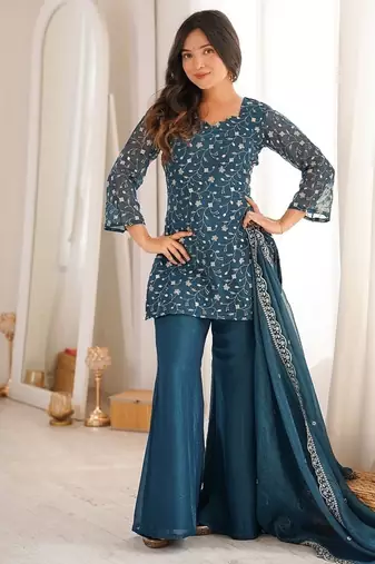 Teal blue embroidered short kurti sharara suit set with dupatta