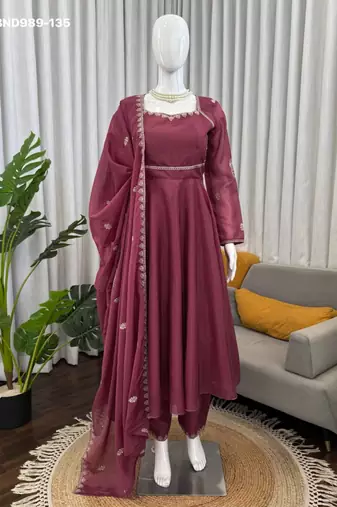 light wine silk blend kurta set with embroidered work