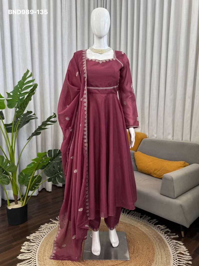 Light-wine silk blend embroidered kurta-sets