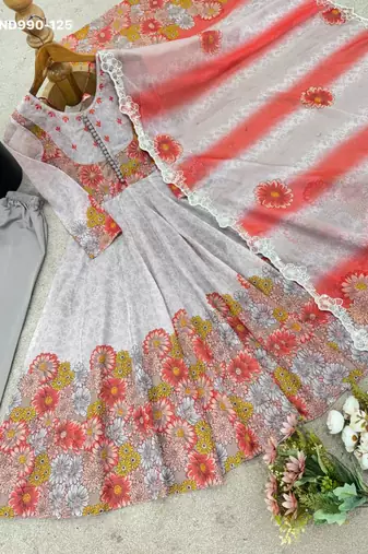 multicolor organza kurta set with printed floral patterns