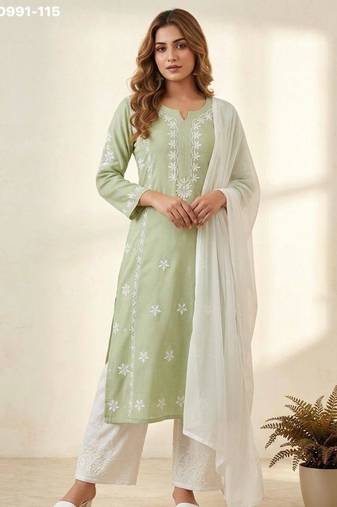 Light-sea-green rayon embroidered kurta-sets