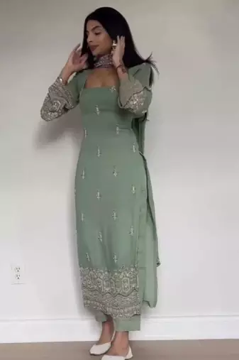 Sea-green georgette embroidered kurta-sets