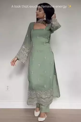sea green embroidered georgette kurta set