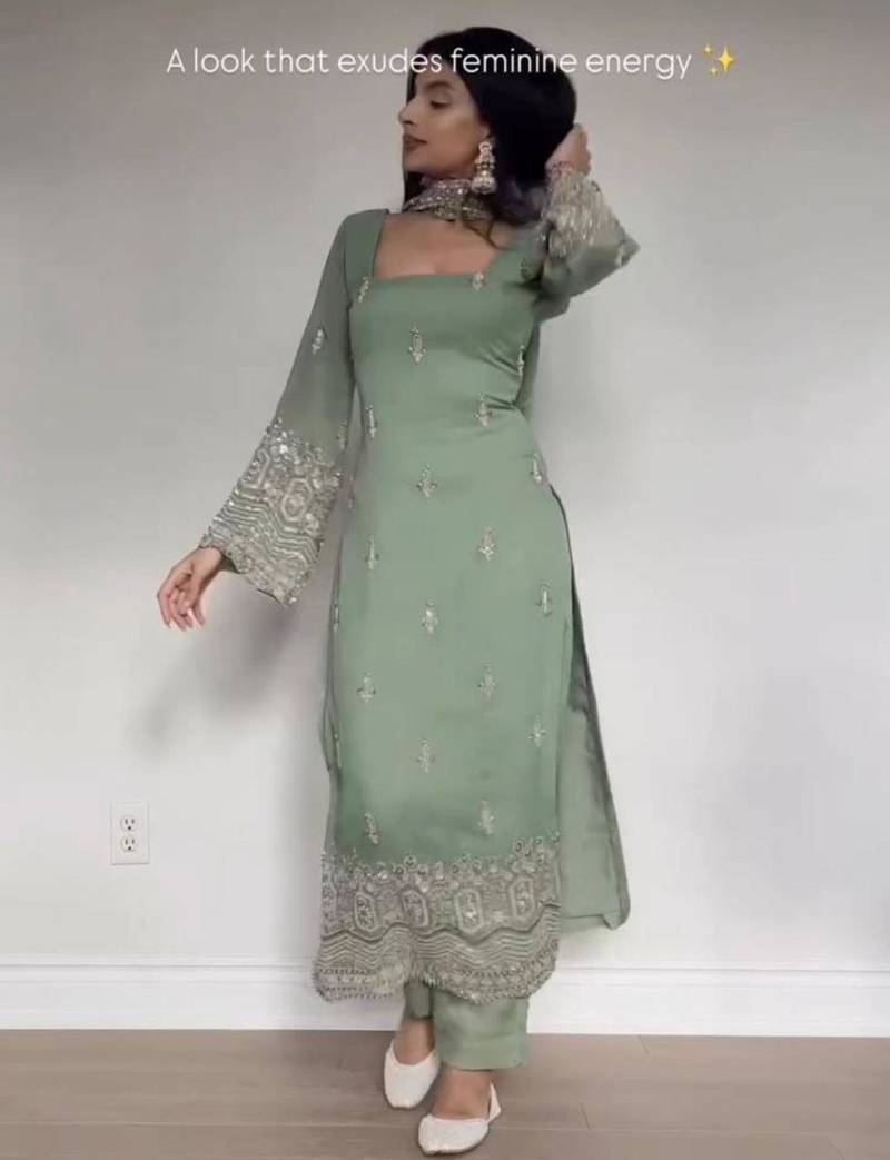Sea-green georgette embroidered kurta-sets