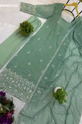sea green embroidered georgette kurta set