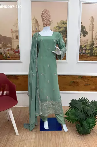 sea green embroidered georgette kurta set