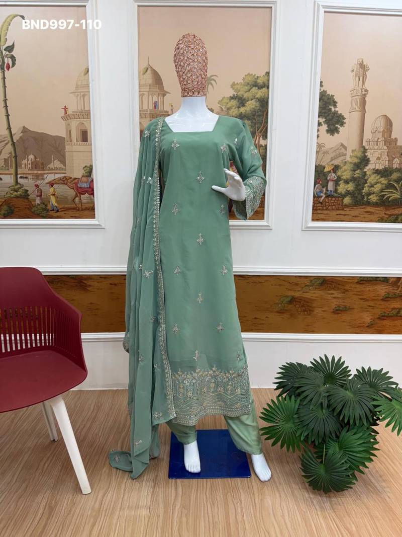 Sea-green georgette embroidered kurta-sets