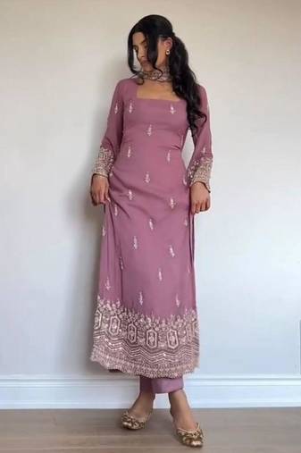 Onion-pink georgette embroidered kurta-sets