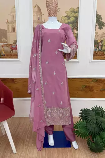 onion pink embroidered georgette kurta set