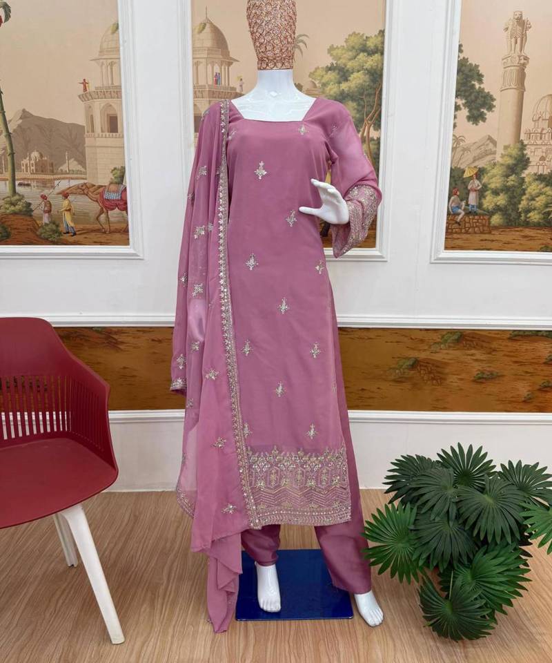 Onion-pink georgette embroidered kurta-sets