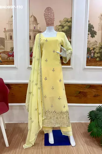 lemon embroidered georgette kurta set