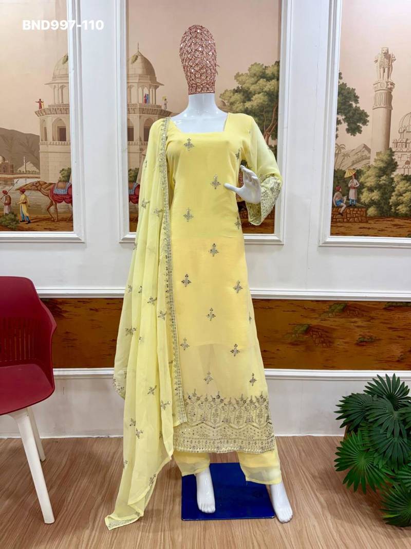 Lemon georgette embroidered kurta-sets