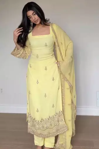 lemon embroidered georgette kurta set