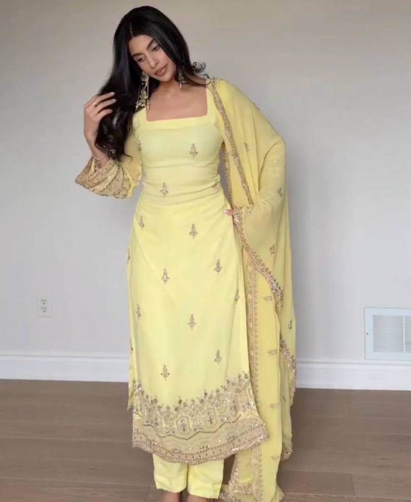 Lemon georgette embroidered kurta-sets