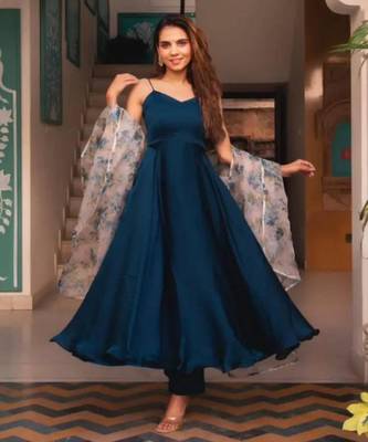 navy blue plain silk blend kurta set 1