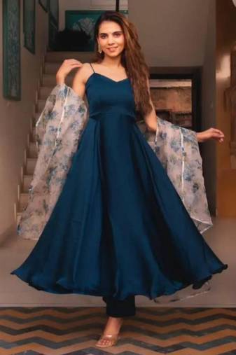 Navy-blue silk blend plain kurta-sets