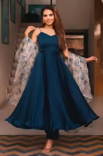 Navy-blue silk blend plain kurta-sets
