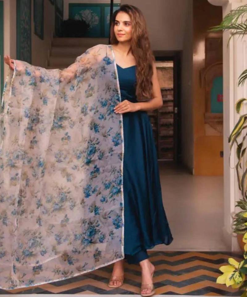 Navy-blue silk blend plain kurta-sets