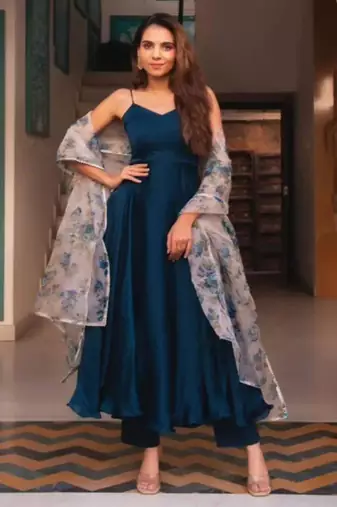 navy blue plain silk blend kurta set