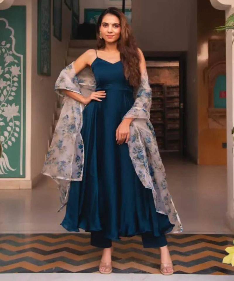 Navy-blue silk blend plain kurta-sets