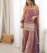 Mauve pink embroidered  frendy silk sharara suit set