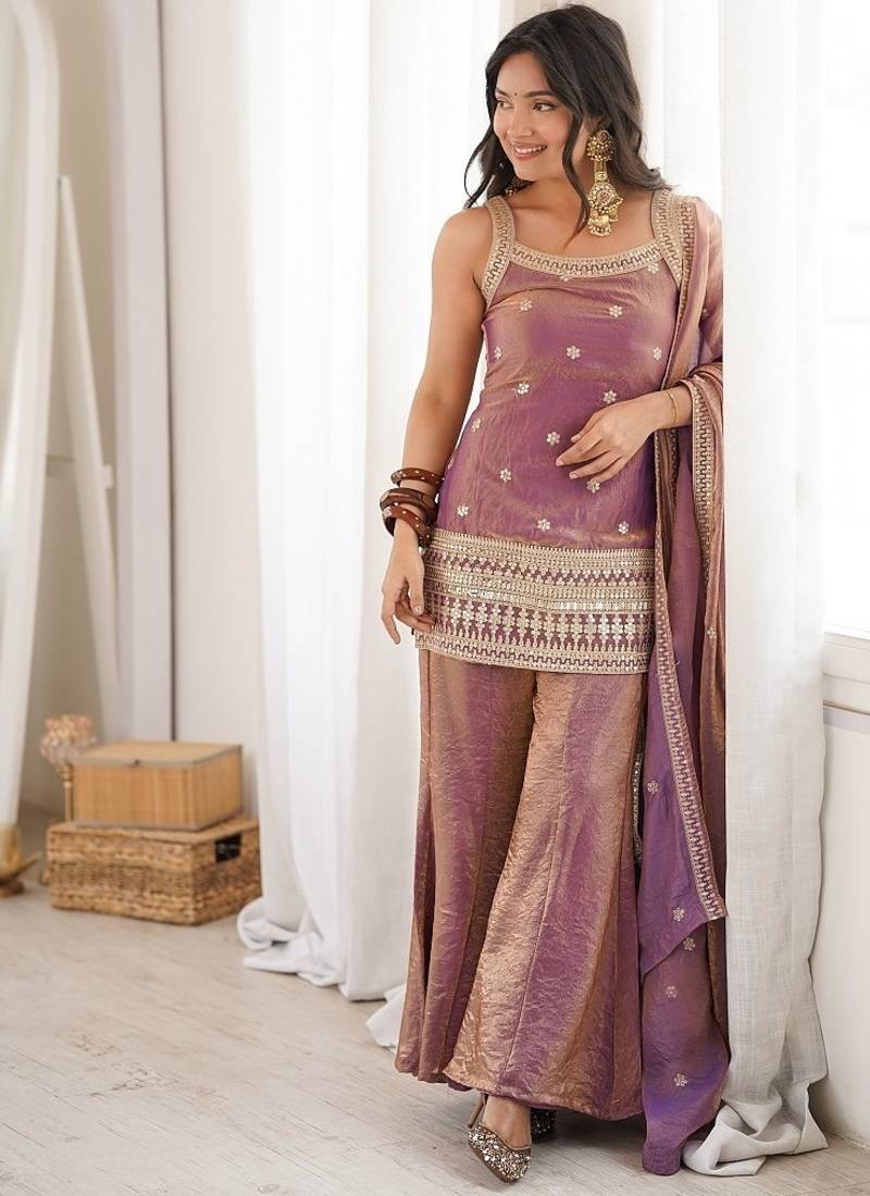 Mauve pink embroidered  frendy silk sharara suit set