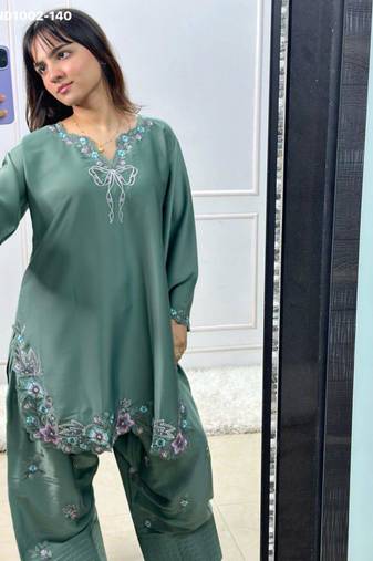 Sea-green crepe embroidered kurta-sets