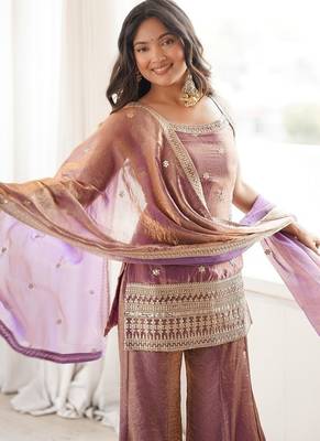 Mauve pink embroidered frendy silk sharara suit set 3