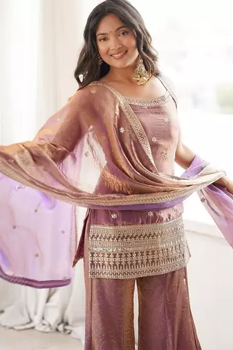 Mauve pink embroidered frendy silk sharara suit set