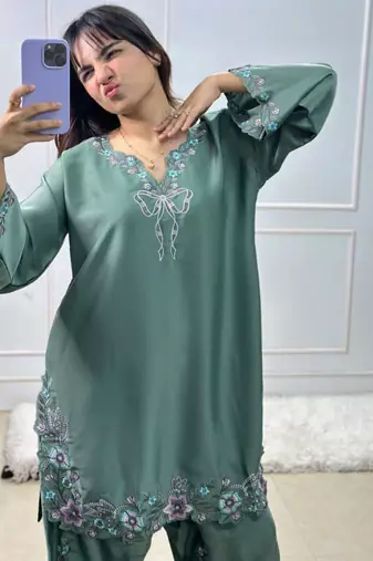 sea-green embroidered crepe kurta set
