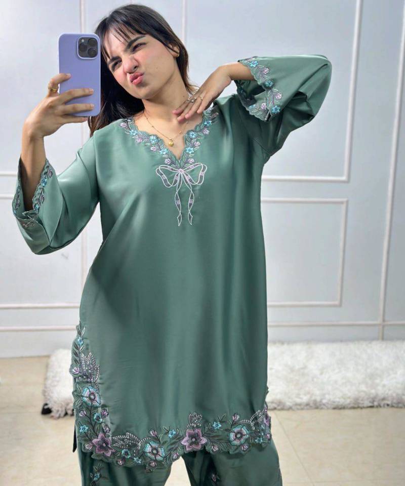 Sea-green crepe embroidered kurta-sets
