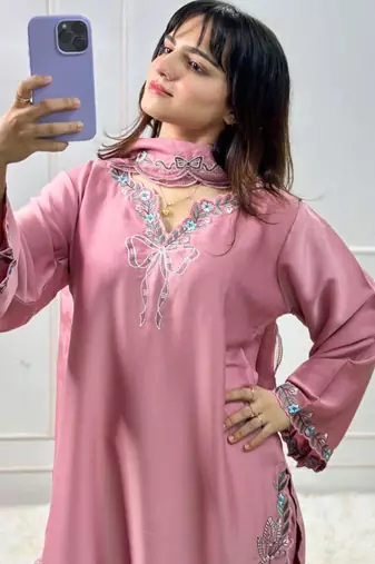 onion pink crepe embroidered kurta set