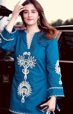 teal blue embroidered rayon kurta set 1