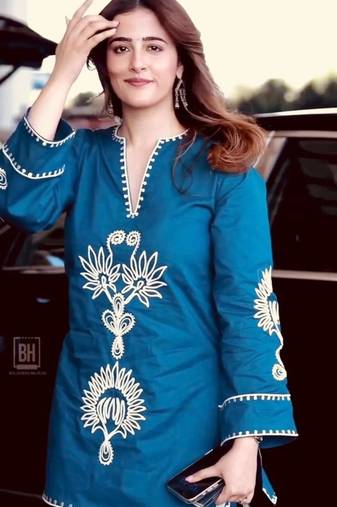 Teal-blue rayon embroidered kurta-sets