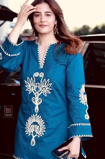 Teal-blue rayon embroidered kurta-sets