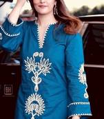 Teal-blue rayon embroidered kurta-sets