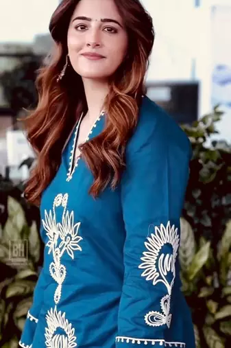 teal blue embroidered rayon kurta set