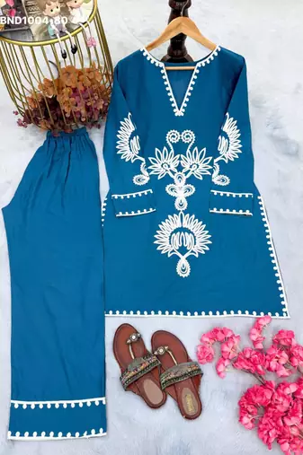 teal blue embroidered rayon kurta set