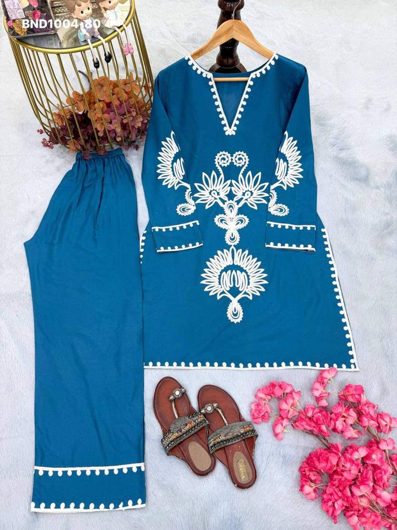 Teal-blue rayon embroidered kurta-sets
