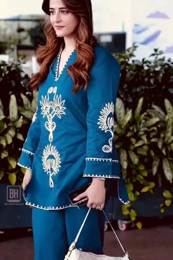 teal blue embroidered rayon kurta set