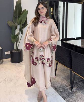 beige embroidered silk blend kurta set 1