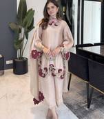 Beige silk blend embroidered kurta-sets