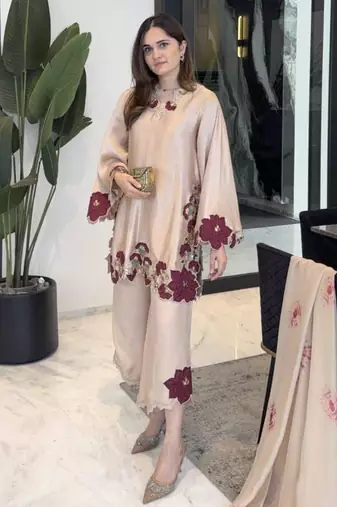 beige embroidered silk blend kurta set