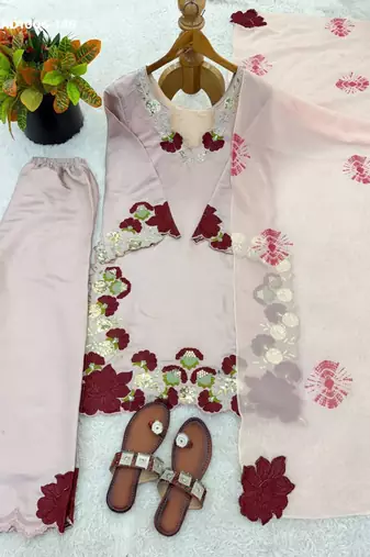 beige embroidered silk blend kurta set