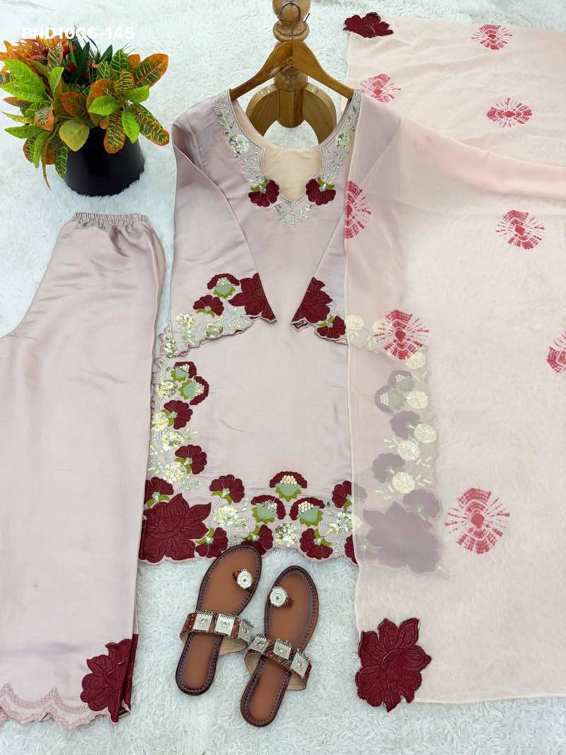 Beige silk blend embroidered kurta-sets