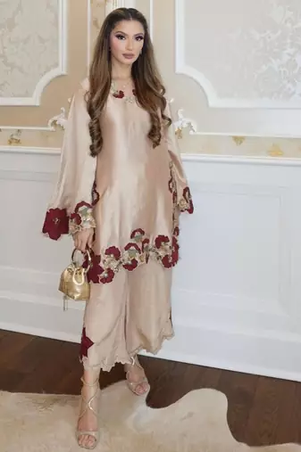 beige embroidered silk blend kurta set