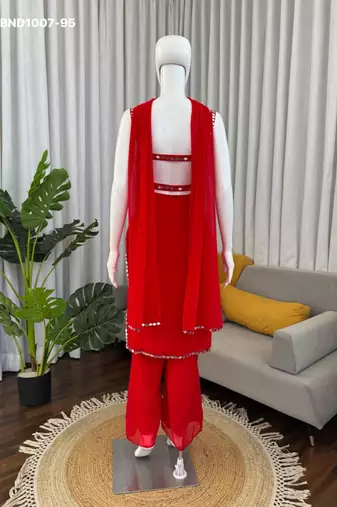 red georgette plain kurta set